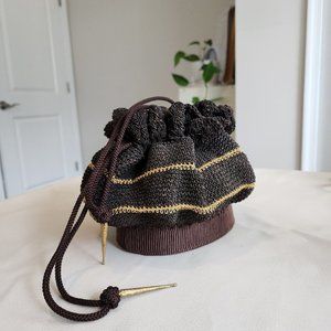 Vintage Knitted Gold / Brown Art Deco Wristlet Bucket Evening Bag 40s
